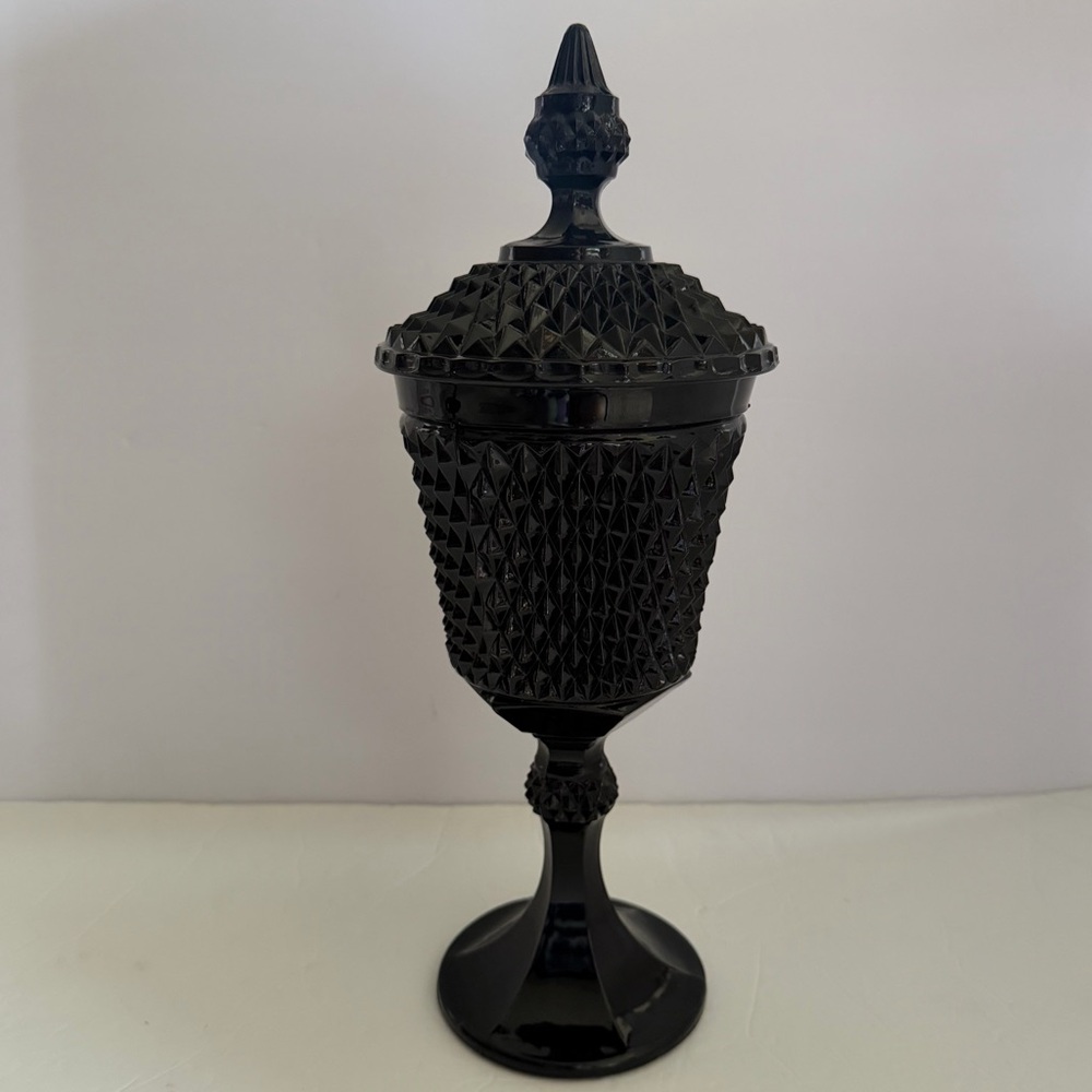 VTG Black Indiana Glass Diamond Point Covered Jar 15,5”